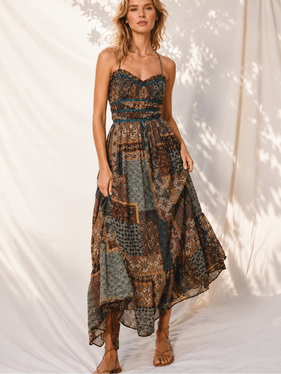 Dress Forum Dresses & Skirts - Dress Forum Large Vintage Patchwork Print Midi Dress Open Back Boho Size L
